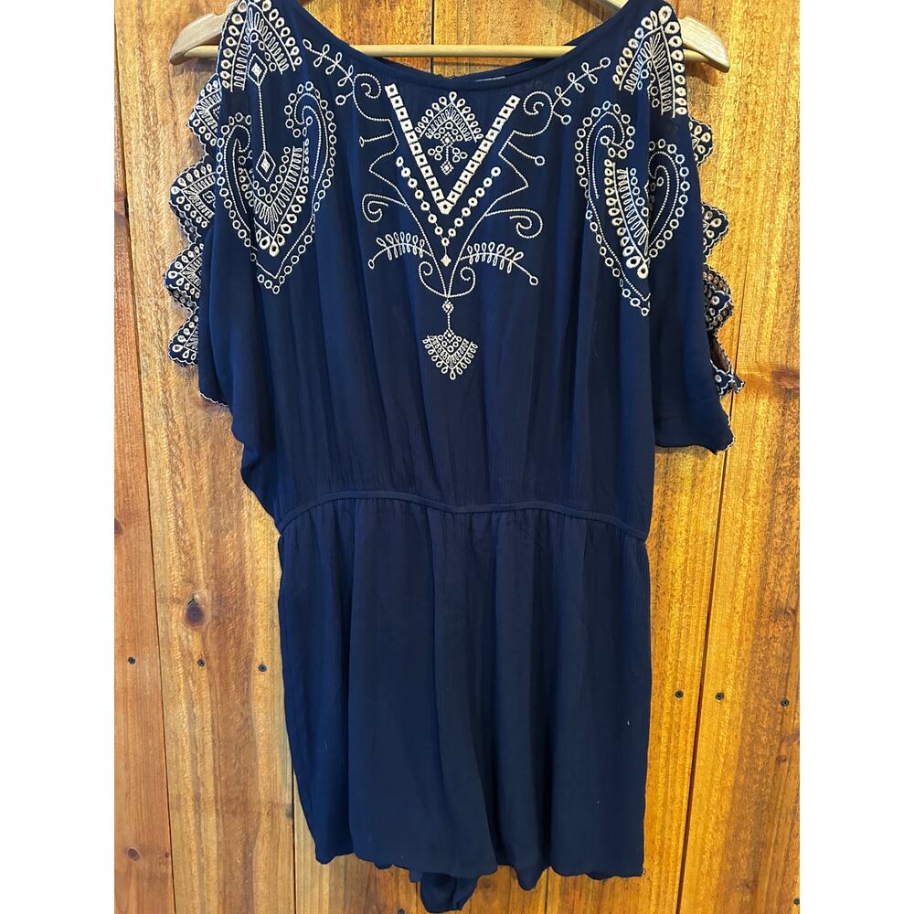 Alya Navy Blue Embroidered Boho Cold Shoulder Romper Cutout Flutter Sleeve S M - Picture 7 of 10